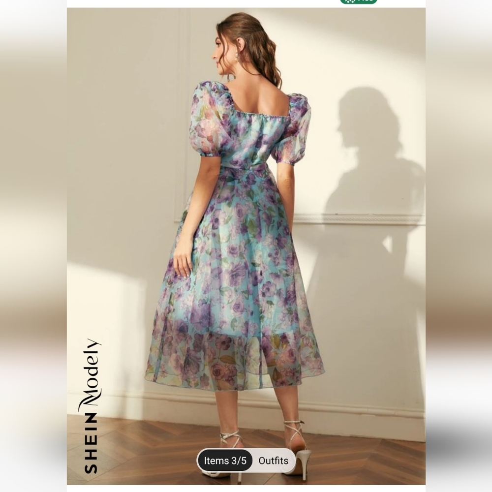 Shein Floral Print Puffed Sleeve Dress - Picture 2 of 8